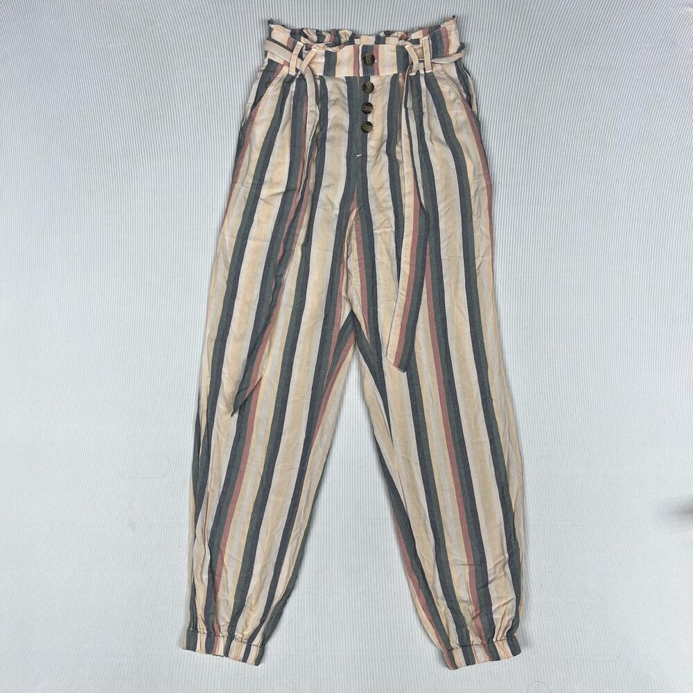American Eagle Pants Womens XS Multicolor Stripe Paperbag Waist Belted Cuffed
